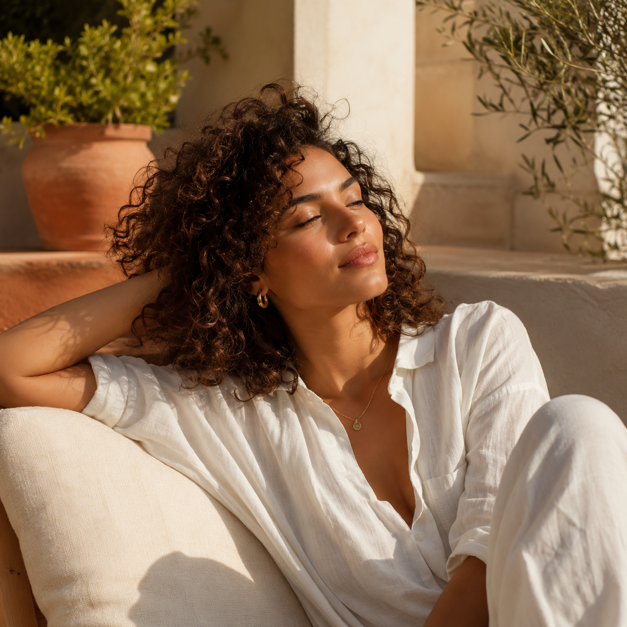 Woman resting peacefully on a sunny terrace, feeling at ease
